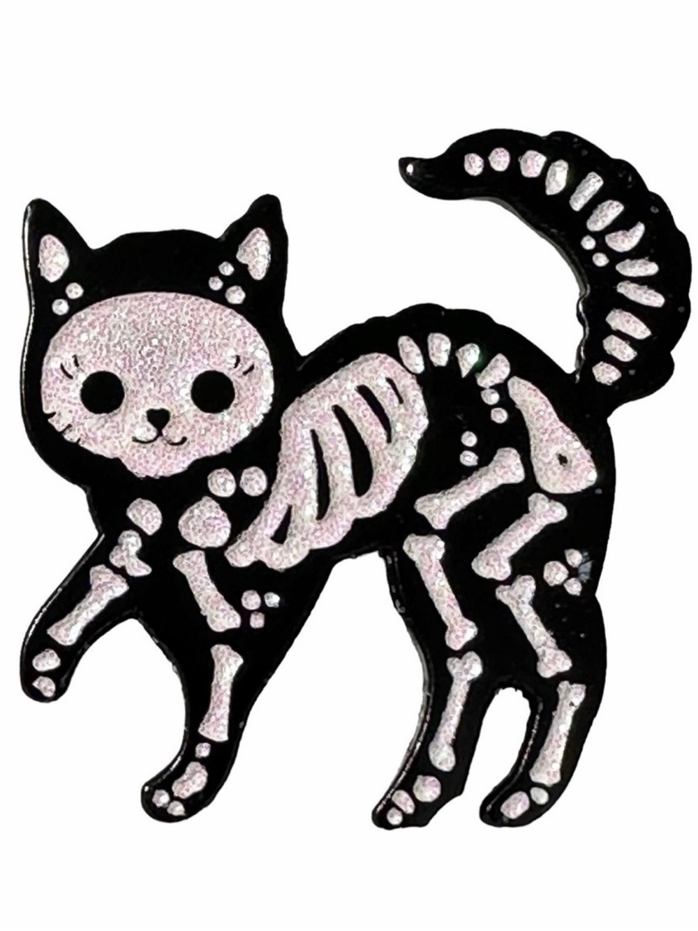 Pin 1.6” Skeleton Cat Black White Glitter Enamel Brooch